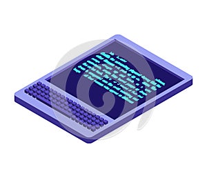 Electronic signature tablet. Props of electronic document. Isometric style