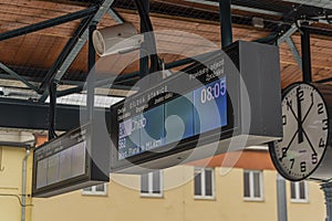 Electronic signs in Plzen main station on platform in spring day