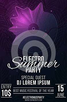 Electronic Summer Party Poster. Retro musical plate made of glowing abstract wavy shapes. Tropical background with palm tree.