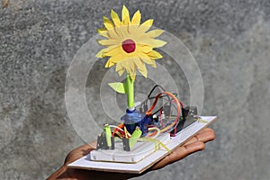 Electronic sunflower project made using LDR sensor and servo held in the hand. Programmable micro controller breadboard projects photo