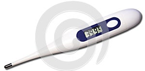 Electronic thermometer showing elevated body temperature on white background