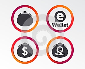 Electronic wallet icons. Dollar cash bag sign.