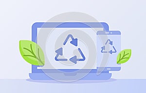 Electronic waste recycling concept recycle icon triangle on display laptop smartphone screen white isolated background