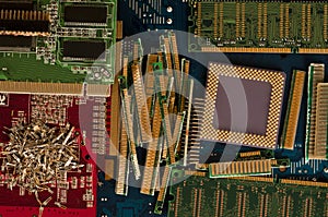 Electronic waste recycling from old computer parts.