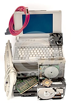 Electronic waste recycling from old computer parts.