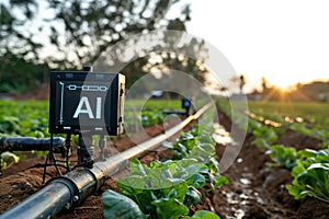 Electronically controlled greenhouse, board with AI text on screen. Artificial intelligence agriculture