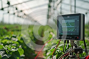 Electronically controlled greenhouse, board with AI text on screen. Artificial intelligence agriculture