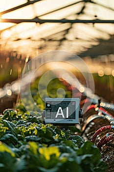 Electronically controlled greenhouse, board with AI text on screen. Artificial intelligence agriculture