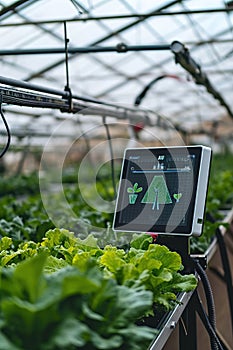 Electronically controlled greenhouse, board with AI text on screen. Artificial intelligence agriculture