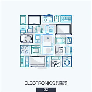 Electronics abstract background, integrated thin line symbols.