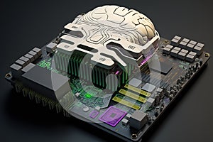 Electronics AI brain Connecting human brain to computer mother board, Robot intelligence concept, Generative AI