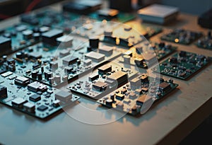 Electronics assembly station featuring circuit boards and components