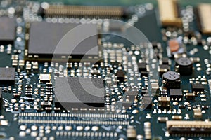 Electronics background technology close up of the green kit circuit board.