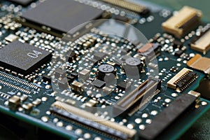 Electronics background technology close up of the green kit circuit board.