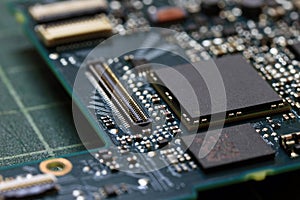 Electronics background technology close up of the green kit circuit board.