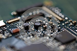 Electronics background technology close up of the green kit circuit board.
