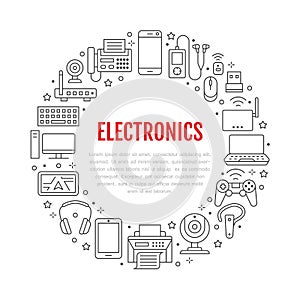 Electronics circle poster with flat line icons. Wifi internet connection technology signs. Computer, smartphone, laptop