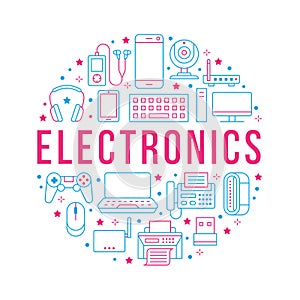 Electronics circle poster with flat line icons. Wifi internet connection technology signs. Computer, smartphone, laptop