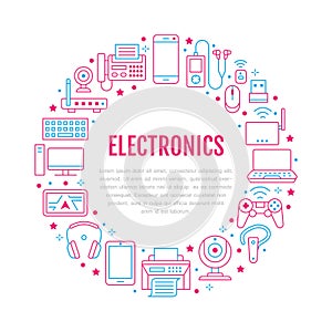 Electronics circle poster with flat line icons. Wifi internet connection technology signs. Computer, smartphone, laptop