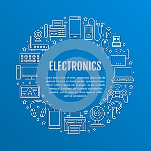 Electronics circle poster with flat line icons. Wifi internet connection technology signs. Computer, smartphone, laptop