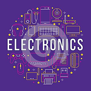 Electronics circle poster with flat line icons. Wifi internet connection technology signs. Computer, smartphone, laptop