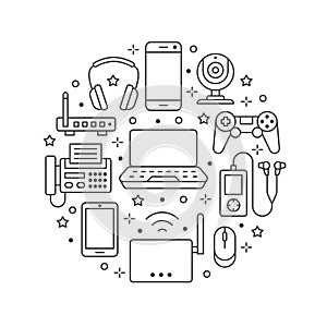 Electronics circle poster with flat line icons. Wifi internet connection technology signs. Smartphone, laptop, fax