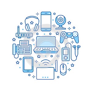 Electronics circle poster with flat line icons. Wifi internet connection technology signs. Smartphone, laptop, fax