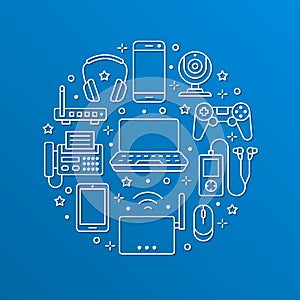 Electronics circle poster with flat line icons. Wifi internet connection technology signs. Smartphone, laptop, fax