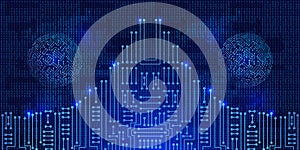 Electronics circuit with binary code. Futuristic digital design world of artificial intelligence and digital technology for