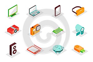 Electronics concept 3d isometric icons set. Pack isometry elements