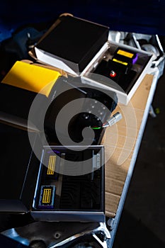 Electronics and ECU Components for drift car project. Electronic components and ECUs are staged for drift car build. Preparing