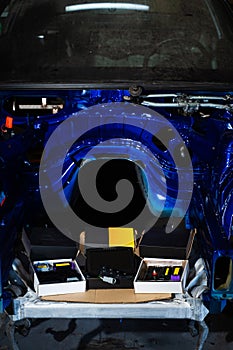 Electronics and ECU Components for drift car project. Electronic components and ECUs are staged for drift car build. Preparing