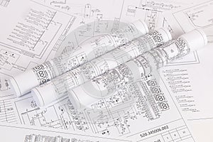 Electronics and Engineering. Printed drawings of electrical circuits. Science, technology and electronics.