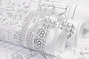Printed drawings of electrical circuits.
