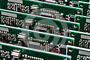 Electronics Ideas. Closeup View of Batch of Ready ABS Automotive Printed Circuit Boards with Number of Soldered Surface Mounted