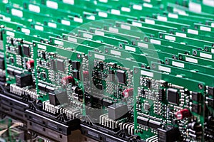 Electronics Ideas. Closeup View of Batch of Ready Automotive Printed Circuit Boards with Surface Mounted Components