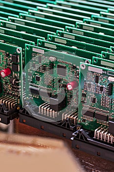 Electronics Ideas. Front View of Large Batch of Ready ABS Automotive Printed Circuit Boards with Number of Soldered Surface