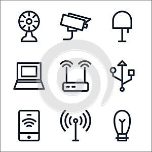 Electronics line icons. linear set. quality vector line set such as bulb, antenna, smartphone, data cable, wireless router, laptop