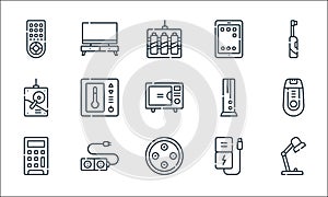 electronics line icons. linear set. quality vector line set such as desk lamp, buttons, calculator, power bank, plug, hard drive,