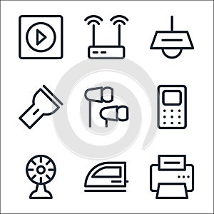 Electronics line icons. linear set. quality vector line set such as fax machine, electric iron, cooler, phone, earbuds, flashlight