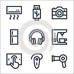 Electronics line icons. linear set. quality vector line set such as hairdryer, hands free, tablet, coffee maker, headphone,