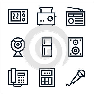 Electronics line icons. linear set. quality vector line set such as microphone, calculator, telephone, speaker, refrigerator,