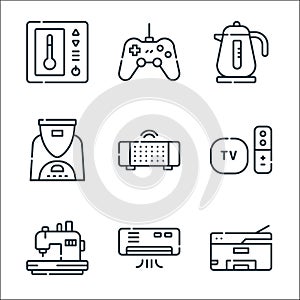 electronics line icons. linear set. quality vector line set such as printer, air conditioner, sewing machine, remote control,