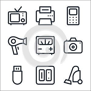 Electronics line icons. linear set. quality vector line set such as vacuum cleaner, electric outlet, pen drive, digital camera,