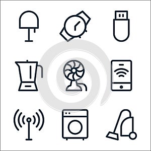 electronics line icons. linear set. quality vector line set such as vacuum cleaner, washing machine, antenna, smartphone, fan,