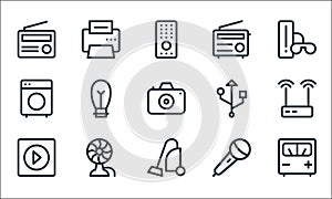 Electronics line icons. linear set. quality vector line set such as voltage indicator, vacuum cleaner, music player, microphone,