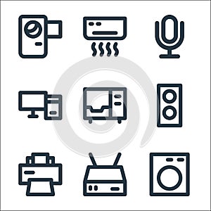 Electronics line icons. linear set. quality vector line set such as washing machine, router, printer, speaker, microwave oven,