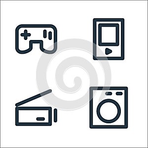 electronics line icons. linear set. quality vector line set such as washing machine, scanner, mp player