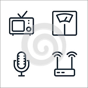 Electronics line icons. linear set. quality vector line set such as wireless router, microphone, weight scale