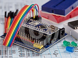 Electronics and microprocessor.Electronic DIY project Arduino.Drawing on a light background.Do it yourself.Programming